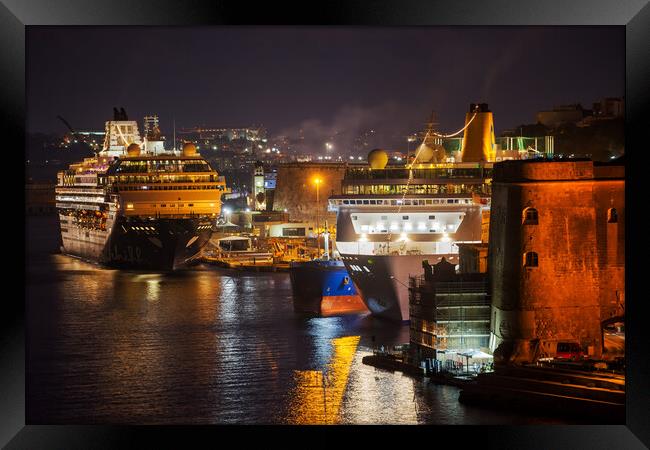 Cruise Ships in Grand Harbour at Night in Malta Framed Print by Artur Bogacki