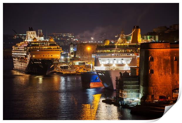 Cruise Ships in Grand Harbour at Night in Malta Print by Artur Bogacki