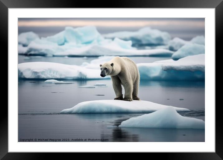 A sad polar bear on a small ice floe created with generative AI  Framed Mounted Print by Michael Piepgras