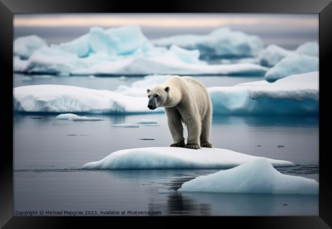 A sad polar bear on a small ice floe created with generative AI  Framed Print by Michael Piepgras