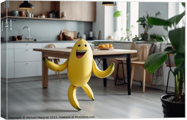 A smiling banana with arm and legs running on a kitchen table cr Canvas Print by Michael Piepgras