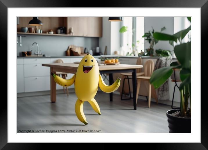 A smiling banana with arm and legs running on a kitchen table cr Framed Mounted Print by Michael Piepgras