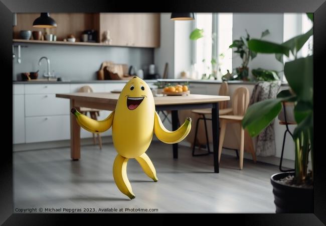 A smiling banana with arm and legs running on a kitchen table cr Framed Print by Michael Piepgras