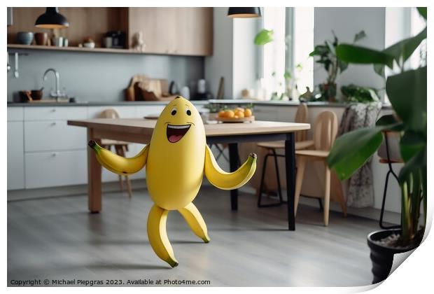A smiling banana with arm and legs running on a kitchen table cr Print by Michael Piepgras