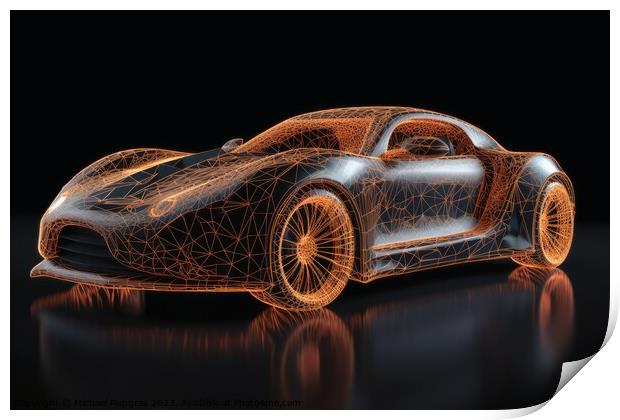 A sports car that transitions into a wireframe model created wit Print by Michael Piepgras