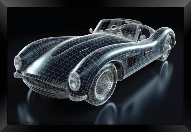 A sports car that transitions into a wireframe model created wit Framed Print by Michael Piepgras