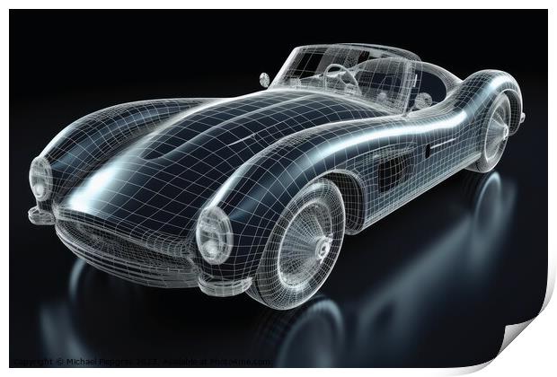 A sports car that transitions into a wireframe model created wit Print by Michael Piepgras