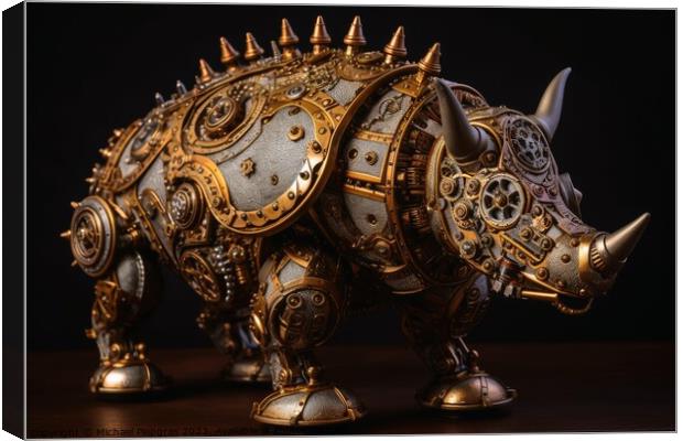 A steampunk rhino with lots of screws and cogwheels created with Canvas Print by Michael Piepgras