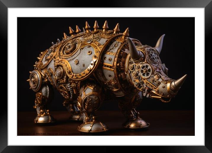A steampunk rhino with lots of screws and cogwheels created with Framed Mounted Print by Michael Piepgras