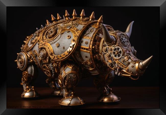 A steampunk rhino with lots of screws and cogwheels created with Framed Print by Michael Piepgras