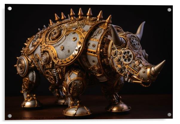 A steampunk rhino with lots of screws and cogwheels created with Acrylic by Michael Piepgras