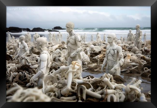 A swarm of evil plastic waste figures conquers the beach from th Framed Print by Michael Piepgras