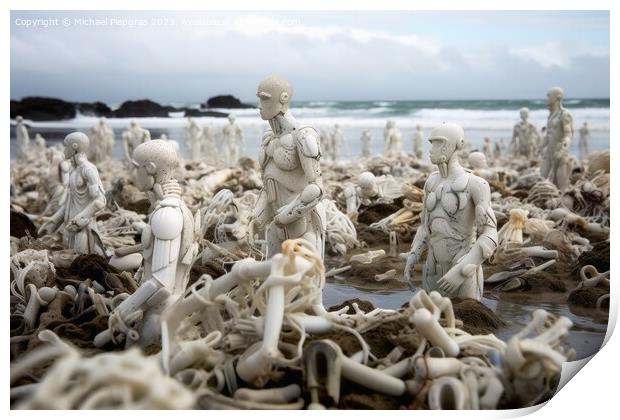 A swarm of evil plastic waste figures conquers the beach from th Print by Michael Piepgras