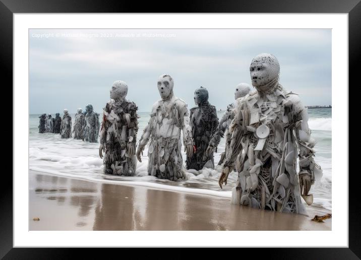 A swarm of evil plastic waste figures conquers the beach from th Framed Mounted Print by Michael Piepgras