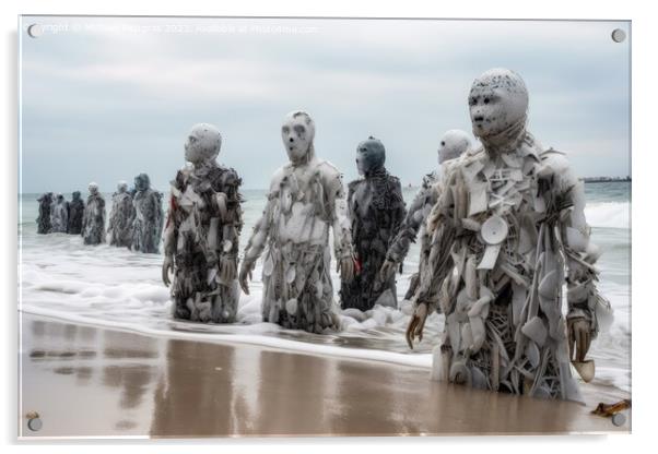 A swarm of evil plastic waste figures conquers the beach from th Acrylic by Michael Piepgras