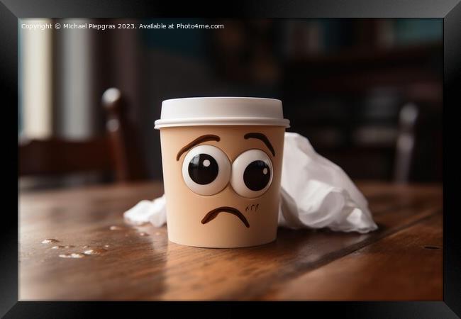 A tired coffee cup with eyes on a kitchen table created with gen Framed Print by Michael Piepgras