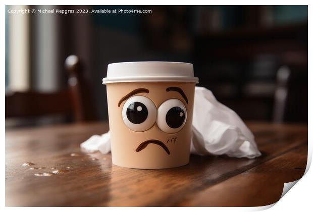 A tired coffee cup with eyes on a kitchen table created with gen Print by Michael Piepgras