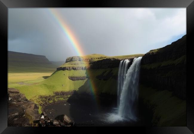 A Waterfall with a stunning rainbow created with generative AI t Framed Print by Michael Piepgras