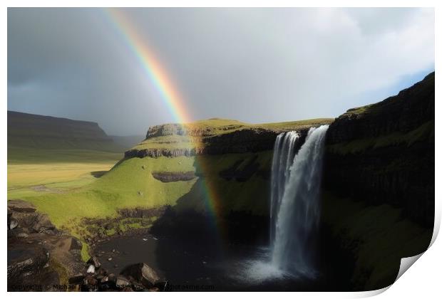 A Waterfall with a stunning rainbow created with generative AI t Print by Michael Piepgras