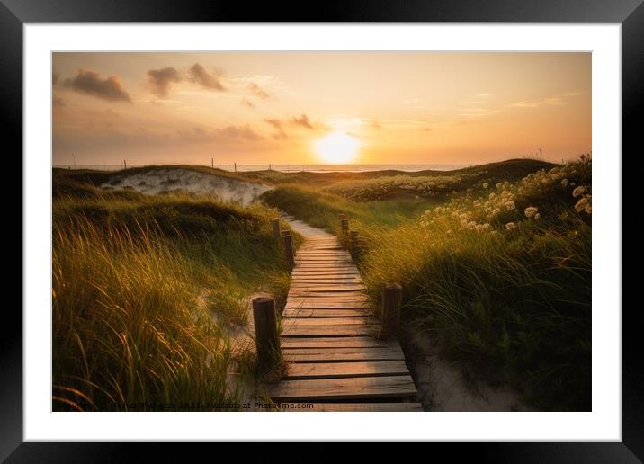 A wooden path to the ocean beach past tall grass during sunset c Framed Mounted Print by Michael Piepgras