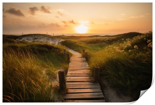 A wooden path to the ocean beach past tall grass during sunset c Print by Michael Piepgras