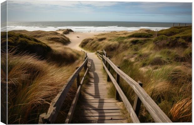A wooden path to the ocean beach past tall grass during sunset c Canvas Print by Michael Piepgras