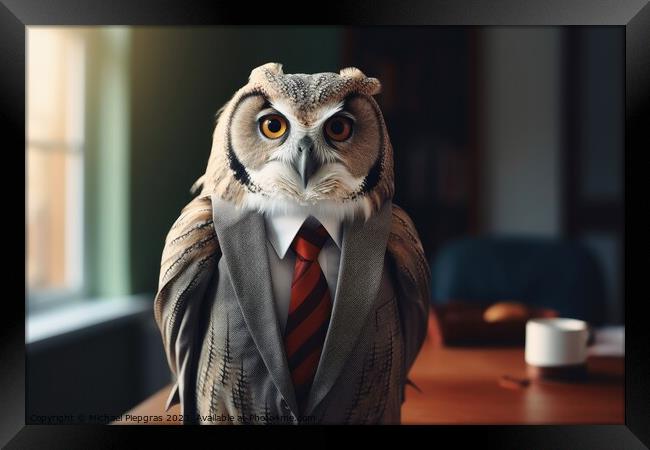 An Owl in a business outfit created with generative AI technolog Framed Print by Michael Piepgras
