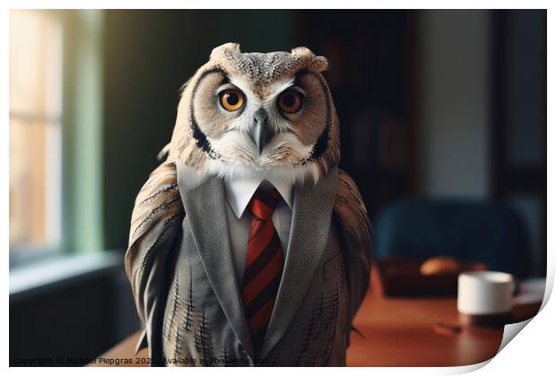 An Owl in a business outfit created with generative AI technolog Print by Michael Piepgras