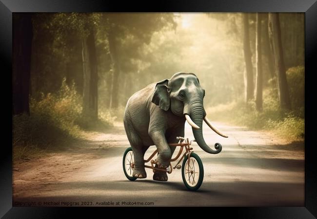 An elephant riding a small bicycle created with generative AI te Framed Print by Michael Piepgras