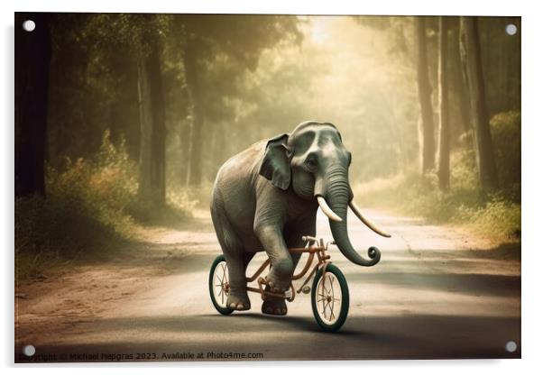 An elephant riding a small bicycle created with generative AI te Acrylic by Michael Piepgras