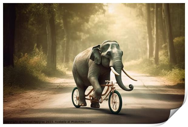 An elephant riding a small bicycle created with generative AI te Print by Michael Piepgras