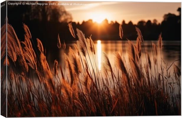 Beautiful reed grass by a lake at sunset created with generative Canvas Print by Michael Piepgras