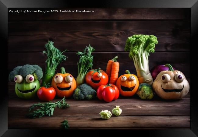 Different happy vegetables with eyes on a wooden background crea Framed Print by Michael Piepgras