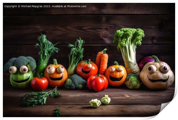 Different happy vegetables with eyes on a wooden background crea Print by Michael Piepgras