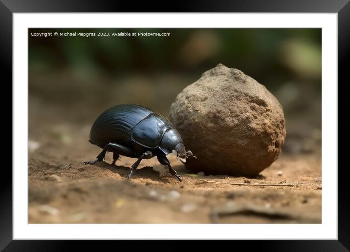 Dung beetle in a close up view created with generative AI techno Framed Mounted Print by Michael Piepgras