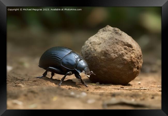Dung beetle in a close up view created with generative AI techno Framed Print by Michael Piepgras