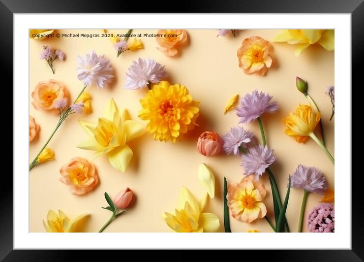 Fresh spring flowers on a pastel yellow background created with  Framed Mounted Print by Michael Piepgras