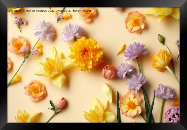 Fresh spring flowers on a pastel yellow background created with  Framed Print by Michael Piepgras