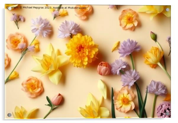 Fresh spring flowers on a pastel yellow background created with  Acrylic by Michael Piepgras