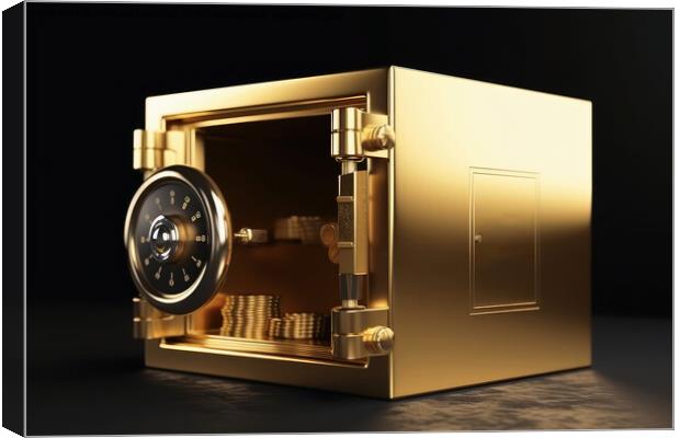 Gold Safe deposit with crypto currency logo and copy space creat Canvas Print by Michael Piepgras
