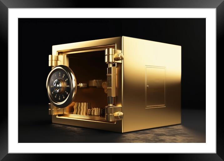 Gold Safe deposit with crypto currency logo and copy space creat Framed Mounted Print by Michael Piepgras