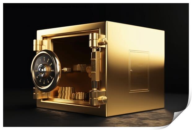 Gold Safe deposit with crypto currency logo and copy space creat Print by Michael Piepgras