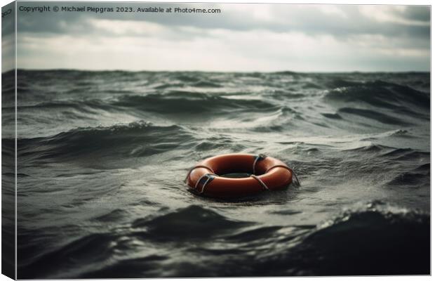 Lifebuoy on a stormy water created with generative AI technology Canvas Print by Michael Piepgras