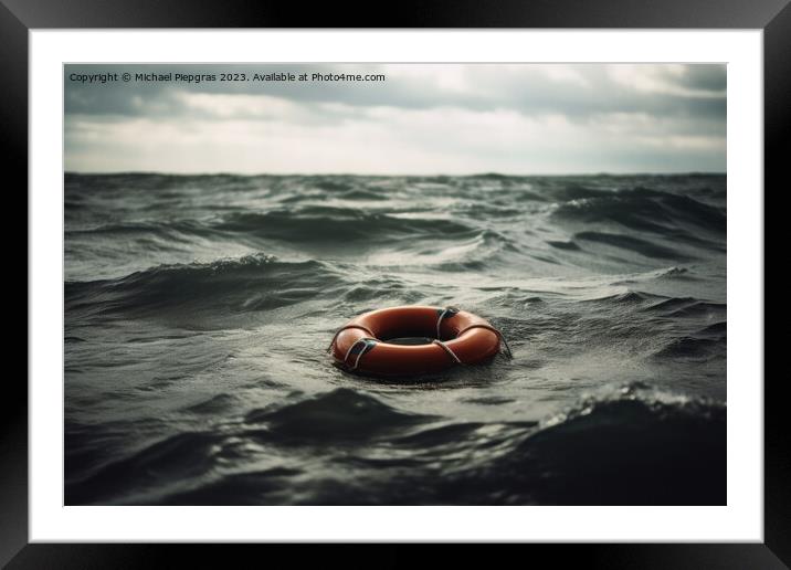 Lifebuoy on a stormy water created with generative AI technology Framed Mounted Print by Michael Piepgras