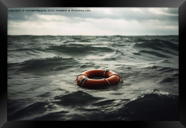 Lifebuoy on a stormy water created with generative AI technology Framed Print by Michael Piepgras