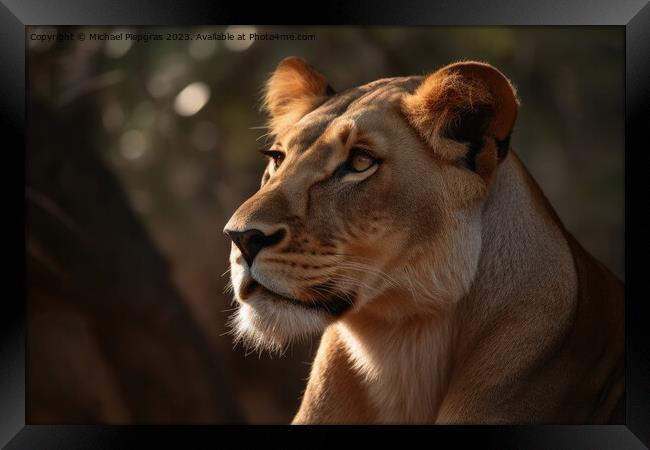 A beautiful lioness portrait created with generative AI technolo Framed Print by Michael Piepgras