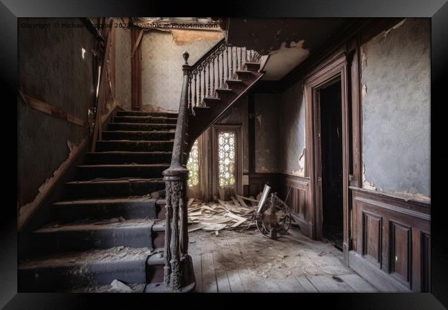 Inside an abandoned haunted house created with generative AI tec Framed Print by Michael Piepgras