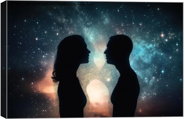 Man and woman astral silhouettes concept at cosmic background cr Canvas Print by Michael Piepgras
