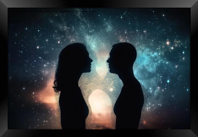 Man and woman astral silhouettes concept at cosmic background cr Framed Print by Michael Piepgras