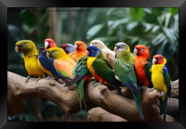 Many colourful different tropical birds sitting together on a br Framed Print by Michael Piepgras